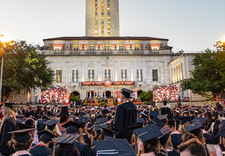 Commencement ceremony at base of University of Texas tower