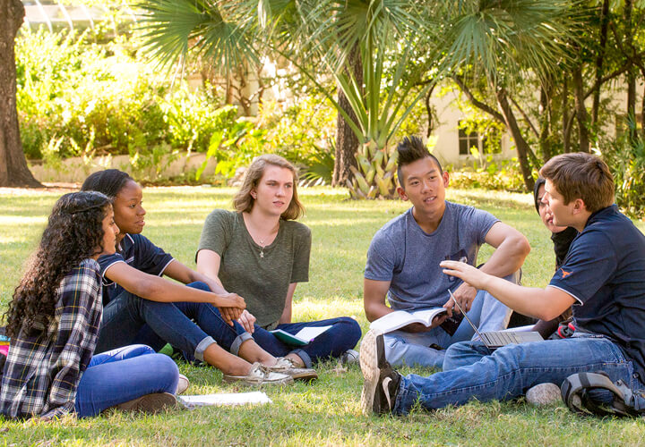Group of students sit outside in a circle talking