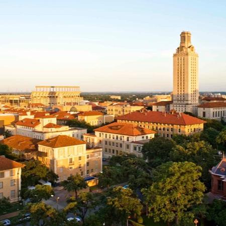 Aerial view of the University of Texas campus buildings and campus grounds.