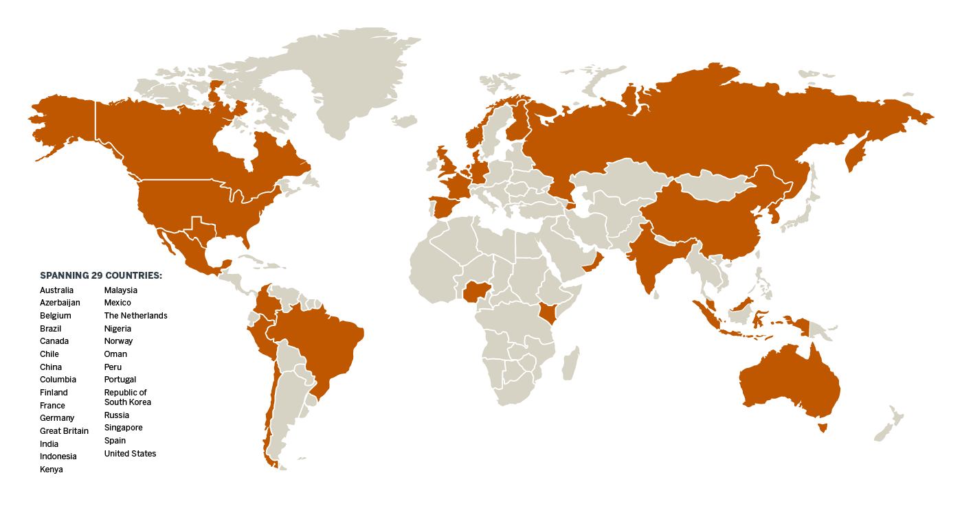 Map of the world showing which countries TEE has developed custom programs for.